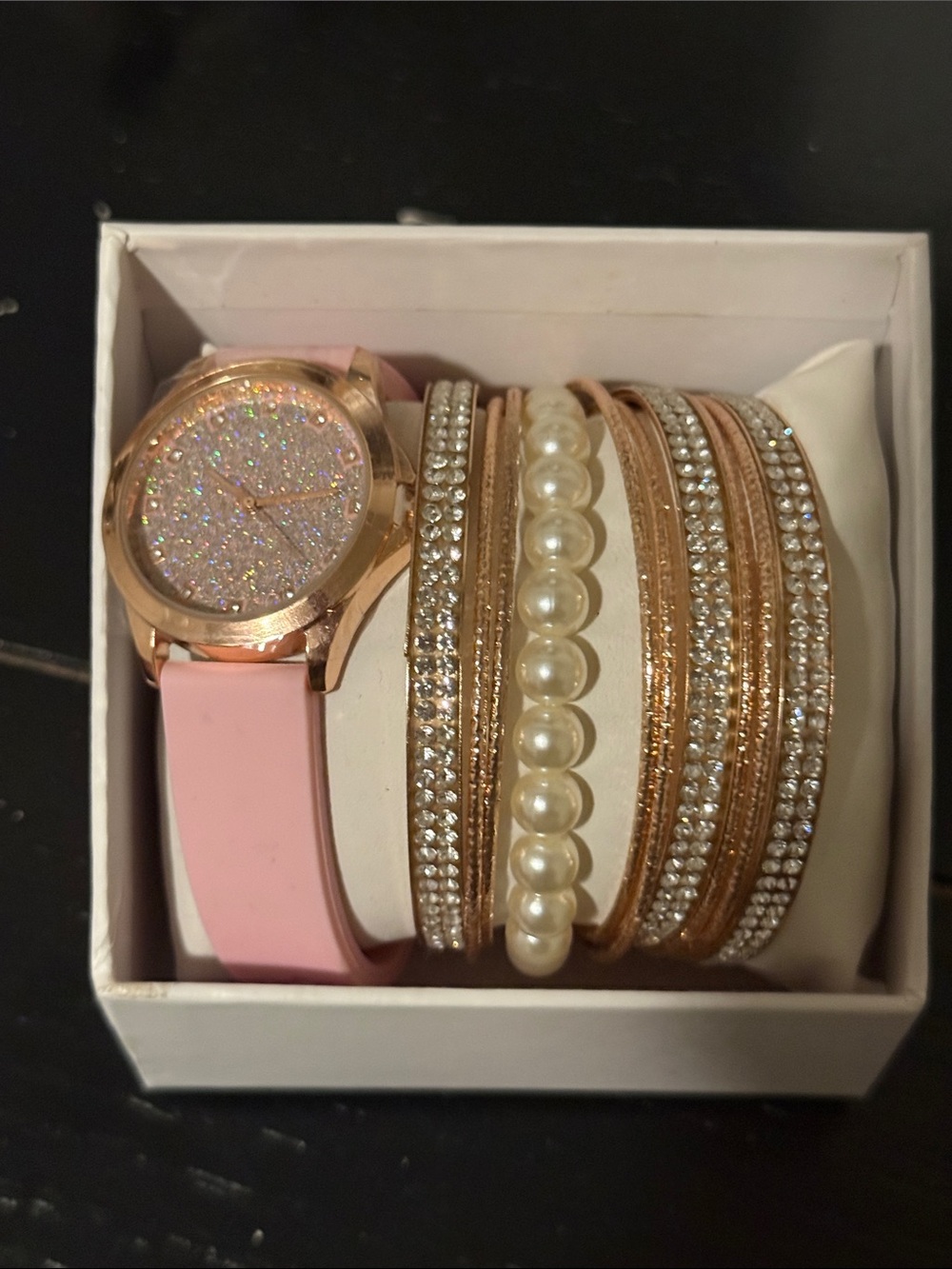 Pink Glitter Ladies Watch with Rose Gold, Rhinestone & Pearl Accent Bracelets